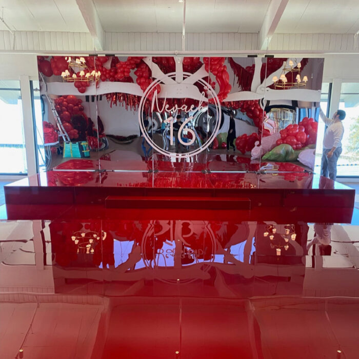 High Gloss Acrylic Stage and Silver Mirror Wall w/Graphics + Dance Floor in Red