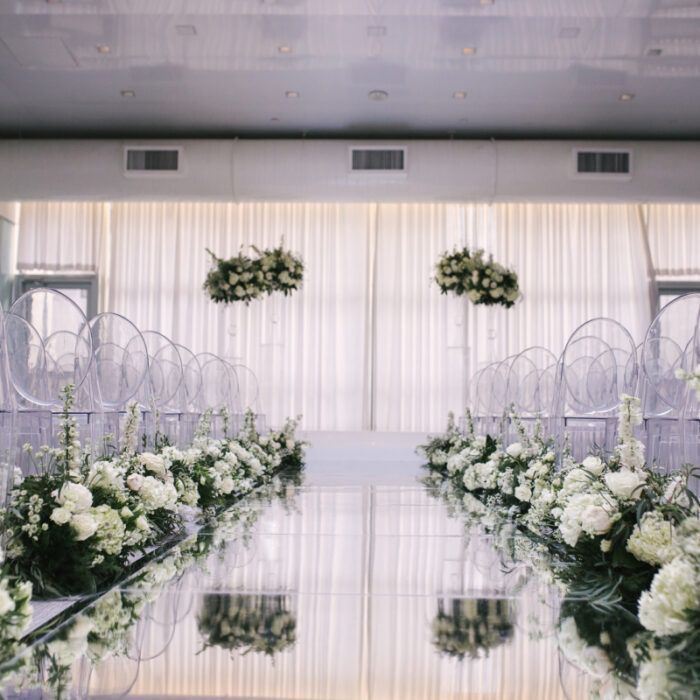 Silver Mirror Aisle with White Acrylic Ceremonial Platform in High Gloss