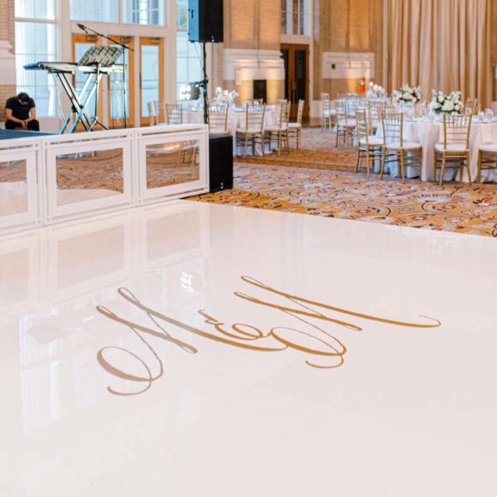 Union Station Gold Monogram on White Acrylic Floor in High Gloss and Stage Facades with Mirror Inserts