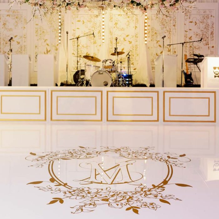 Ft Worth Club White Acrylic  Dance Floor in High Gloss and Traditional White Facades with Gold Trim + Backdrop w/Custom Graphic Panels