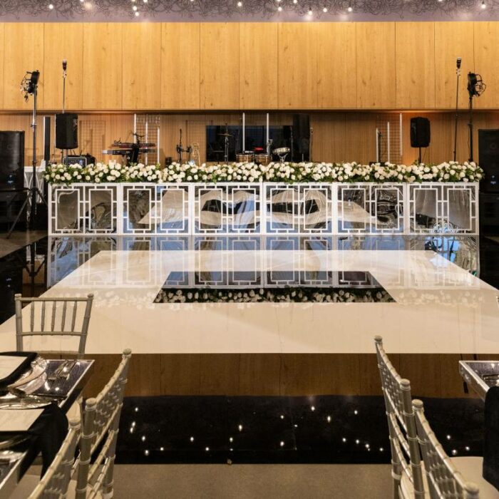 Hall of Lights Black and White Bullseye and White Stage Facades with MIrror Inserts