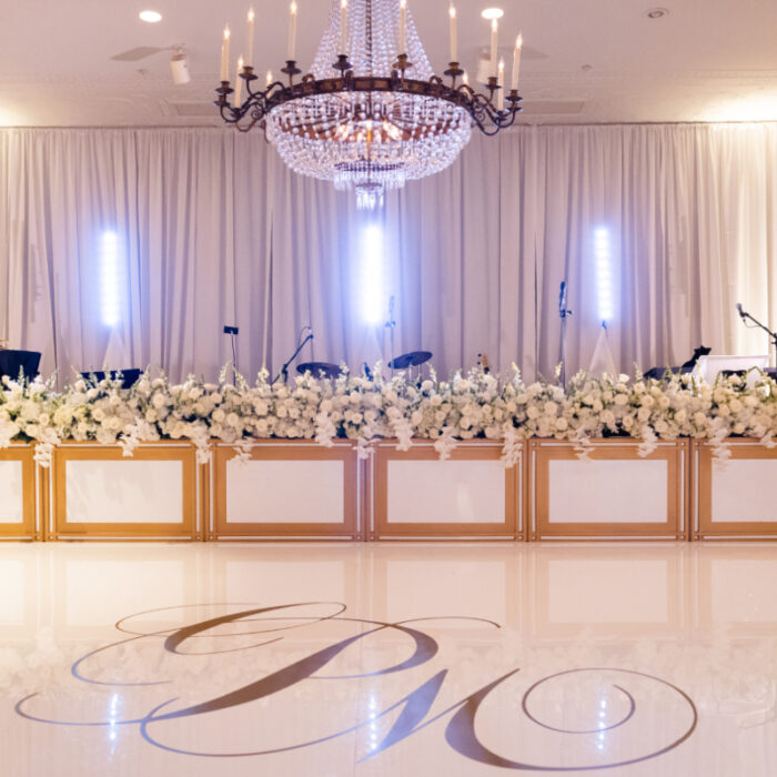 Ft Worth Club  High Gloss White Acrylic Floor w/Gold Finestra Stage Facades w/White Inserts