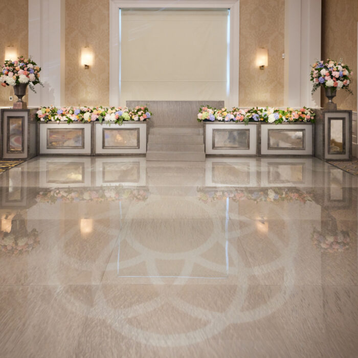 Grey Pearl Acrylic Floor w/matching Steps in High Gloss and Stage Facades and Pedestals in Smoked Mirror